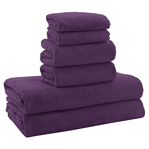 MOONQUEEN Ultra Soft Microfiber Coral Velvet Towel Set - Quick Drying - 2 Bath Towels, 2 Hand Towels, 2 Washcloths - Plum, 6 Pcs - color: Plum