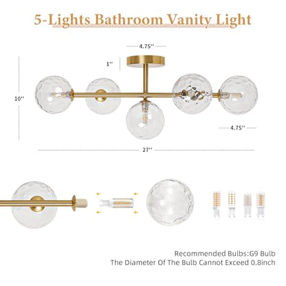 5 Lights Bathroom Vanity Light,Brushed Gold Globe Bathroom Light Fixtures | Hammered Clear Glass Wall Sconce Lighting,Mid Century Modern Brass Bubble Glass Bathroom Vanity Lights over Mirror,G9 Base - color: Gold Hammered Glass, size: G9 Base