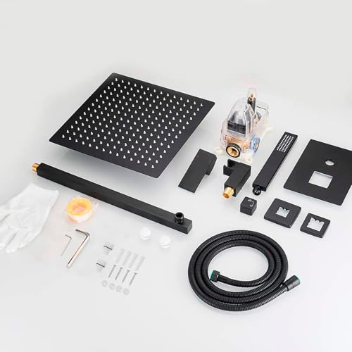 12" Rain Shower System Matte Black Bathroom Luxury Mixer Shower Combo Set | Wall Mounted Rainfall Shower Head Shower Faucet with Handheld Sprayer Rough-in Valve Body and Trim Included by Homevacious