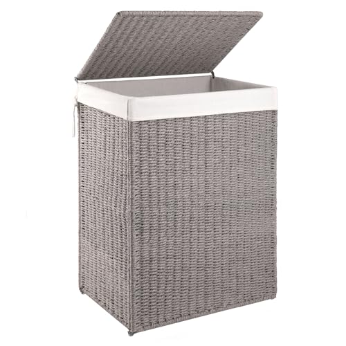 OIAHOMY Laundry Hamper with Lid, 90L(23.8 Gal) Large Wicker Laundry Basket for Bedroom, Handwoven Paper Rope Clothes Hamper with Washable Liner & Metal Frame, Decorative Organizer for Bathroom Grey - color: Grey, size: 90L