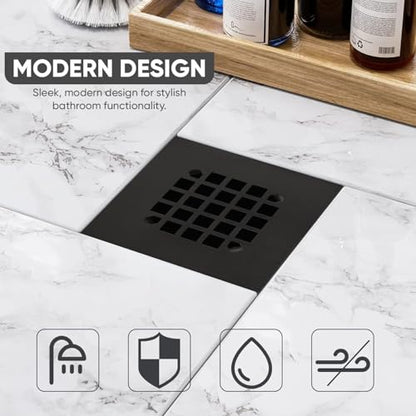 4-1/4” Square Snap-in Matte Black Shower Drain - Stainless Steel Replacement - 4.25 inch Durable Floor Cover -Snap-in - Easy Installation Universal Grate Strainer - color: Black