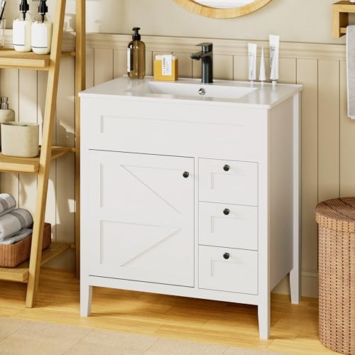 30 inch Bathroom Vanity with Sink, White Modern Bathroom Storage Cabinet with 3 Soft-Closing Drawers, Freestanding Vanity for Bathroom with Ceramic Sink, Complete with Black Faucet & Drain - color: White, size: 30 Inch with Faucet & Drain