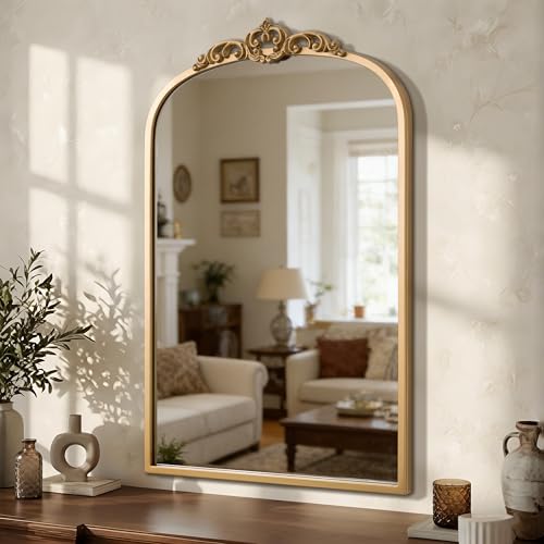 1 Set Vintage Gold 20x30 Arched Antique Baroque Tabletop Wall Mirror | Set of 2 Ornate Brass, 20x30 & 8.5x12 Medium Wedding Mirror, Vanity Desk Decor, For Bathroom Entryway Living Room Fireplace - size: 30"L x 20"W