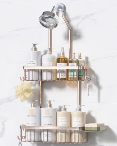 Never Rust Shower Caddy Hanging, Aluminum Shower Racks for Inside Shower, 2-Tier Shower Organizer Hanging Over Shower Head with Hooks and Soap Holder, Rose Gold - color: Rose Gold