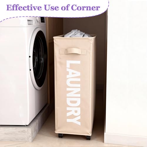 Slim Rolling Laundry Hamper with Wheels, 42L Collapsible Narrow Laundry Basket with Drawstring Mesh Cover, Foldable Dirty Clothes Organizer for Bathroom, Dorm, Small Spaces, Khaki - color: Khaki