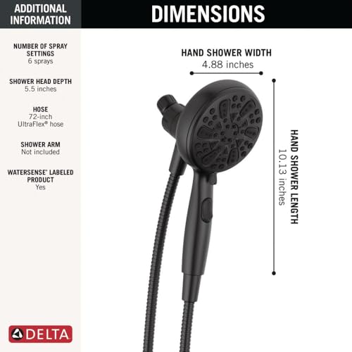 Delta Faucet 6-Spray SureDock Magnetic Shower Head with Handheld Spray, Matte Black Shower Head with Hose, Showerheads & Handheld Showers, MagnaTite Docking, Matte Black 75609BL - color: Matte Black