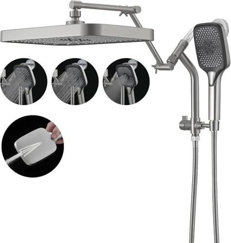 14" High Pressure Rain/Rainfall Shower Heads With Handheld Spray Combo (3+1 Settings & Built-in Power Wash Mode), Double/Dual Shower Head With Handheld - Height/Angle Adjustable(Brushed Nickel) - color: Brushed Nickel, size: 14 Inch