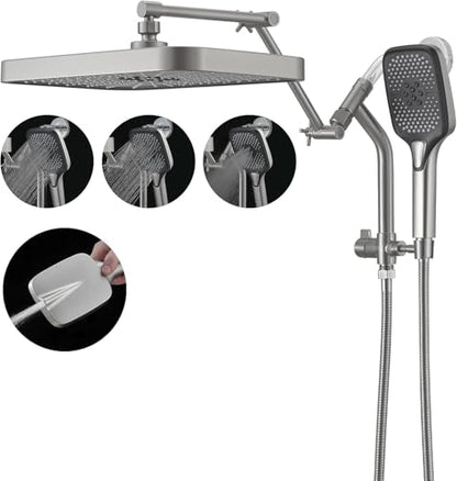 14" High Pressure Rain/Rainfall Shower Heads With Handheld Spray Combo (3+1 Settings & Built-in Power Wash Mode), Double/Dual Shower Head With Handheld - Height/Angle Adjustable(Brushed Nickel) - color: Brushed Nickel, size: 14 Inch