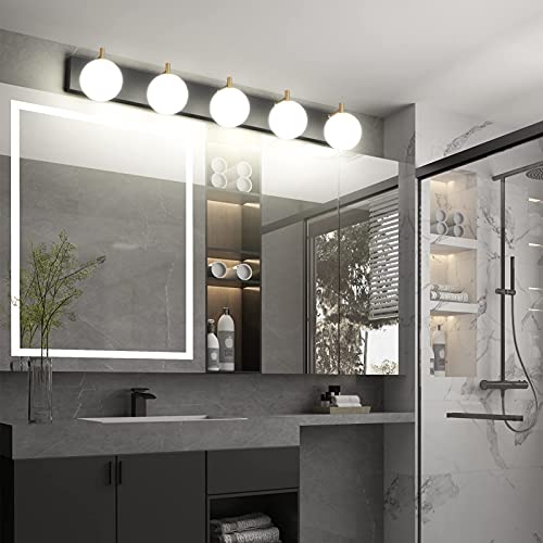 Aipsun Mid Century Modern Bathroom Vanity Light Over Mirror 5 Lights Milky White Globe Glass Black/Golden Bathroom Light Fixture(Exclude Bulb) - color: Black+Gold, size: 5 Lights