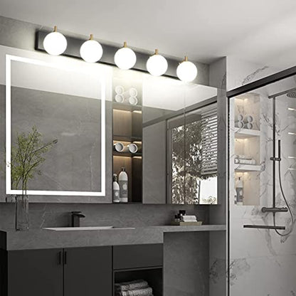 Aipsun Mid Century Modern Bathroom Vanity Light Over Mirror 5 Lights Milky White Globe Glass Black/Golden Bathroom Light Fixture(Exclude Bulb) - color: Black+Gold, size: 5 Lights