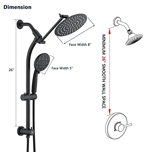 Rainfall 8 Inch Round Shower Head with High Pressure Handheld Spray Combo, Drill-Free Slide Bar with Adjustable Shower Extension Arm, 3-Way Low Diverter for Easy Reach, 5Ft Hose- Matte Black - color: Matte Black