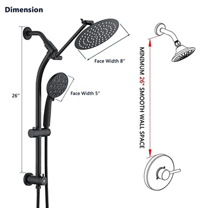 Rainfall 8 Inch Round Shower Head with High Pressure Handheld Spray Combo, Drill-Free Slide Bar with Adjustable Shower Extension Arm, 3-Way Low Diverter for Easy Reach, 5Ft Hose- Matte Black - color: Matte Black