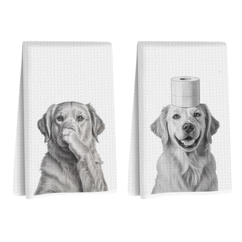 Funny Golden Retriever Bathroom Hand Towels, Gifts for Women Dog Lovers | Cute Dog Decorative Hand Towels for Bathroom Washroom Restroom 2Pcs, Birthdays, Christmas, Party Gifts, Reusable Waffle Weave - color: Bathroom Golden Retriever
