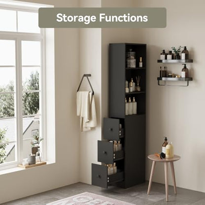 ARTETHYS Tall Narrow Free Standing Bathroom Storage Cabinet Set of 2, Black | 3-Level Adjustable Shelves, Home - Space Saver for Living Room Kitchen, 3 Drawers - color: Black Set of 2