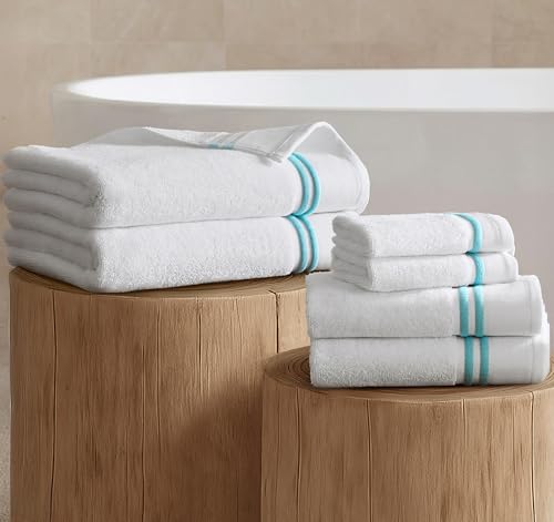 Madison Park Roan Border Cotton Bath Towel Set Absorbent, 6 Piece, Aqua | Microfiber, Soft Pile, Machine Washable, OEKO-TEX Certified, Plush Bathroom Mat, Non Slip TPR Backing - color: Aqua