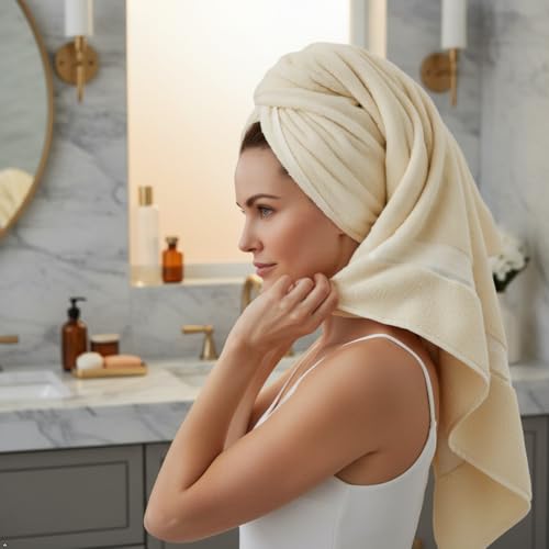 6 Piece 100% Cotton Bath Towel Set -2 Bath 2 Hand 2 Face, Cream | 100% Cotton • Thick & Plush • Hotel Quality • Ultra Soft • Highly Absorbent • Quick Dry • Low Lint • Machine Washable - color: Cream