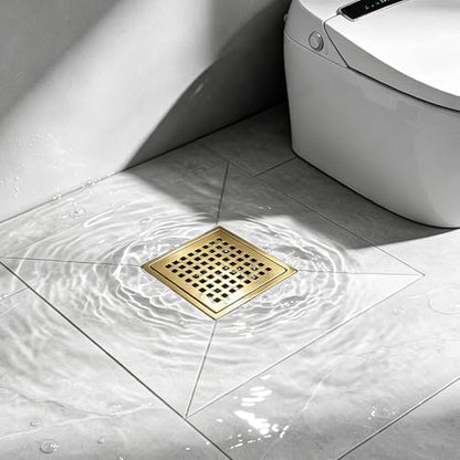Square Shower Floor Drain, Matte Black Finish, Grid Pattern Strainer Cover (Gold, Grate) - color: Gold