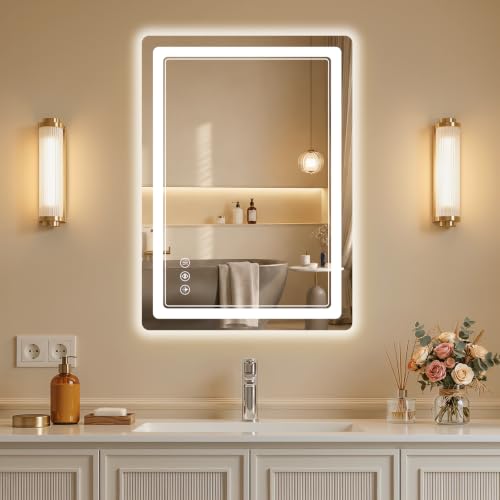 BEAUTYPEAK 20"x28" LED Bathroom Mirror with Lights, Backlit + Front Lit, Anti-Fog, Lighted Bathroom Mirror for Wall, HD Shatterproof Tempered Glass, Dimmable, Memory Function (Horizontal/Vertical) - size: 28"L x 20"W