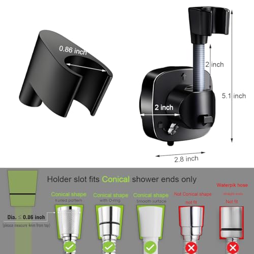 Suction Cup Shower Head Holder - Angle Adjustable Spring Arm, Flexible Wall Mount Shower Hose Holder, Removable Hand Held Shower Bracket with Vacuum Lock & Bonus Hook for Bathroom, Kitchen - color: Black