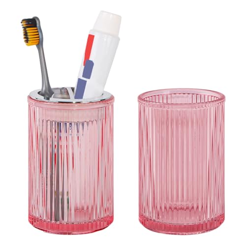 Pink Toothbrush Holders for Bathrooms, 2pcs Glass Toothbrush Holder and 12oz Bathroom Tumbler Cup Set, Silver Tooth Brush and Toothpaste Organizer for Bathroom Vanity Countertop - color: Pink Silver
