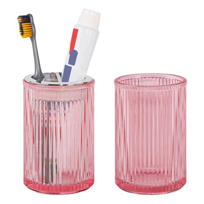 Pink Toothbrush Holders for Bathrooms, 2pcs Glass Toothbrush Holder and 12oz Bathroom Tumbler Cup Set, Silver Tooth Brush and Toothpaste Organizer for Bathroom Vanity Countertop - color: Pink Silver