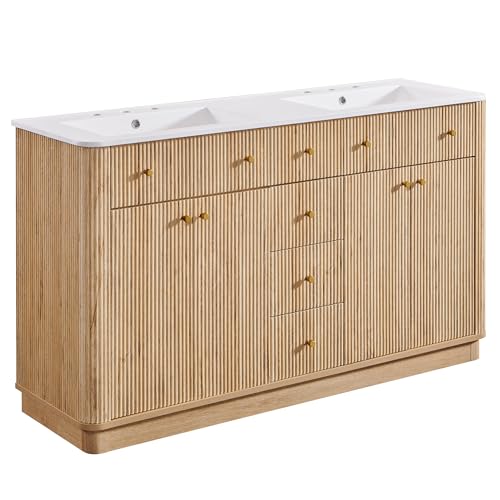 T4TREAM 60" Fluted Bathroom Vanity with Double Sink, Natural Oak | Integrated Resin Sink, 2 Large Storage Cabinets, Adjustable Shelf, 3 Drawers, Three pre-drilled faucet holes, Mid-Century - color: Natural Oak, size: 60" (Bouble Sink)