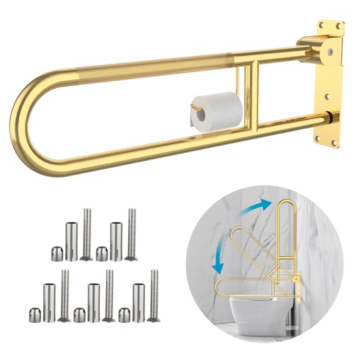 Toilet Grab Bar 32 Inch Gold, Munzong Anti-Slip Handicap Grab Bars with Paper Holder, Flip-Up Bathroom Safety Rails, Stainless Steel Knurled Support handrails for Seniors Elderly Disabled Pregnant - color: Gold, size: 32 Inch