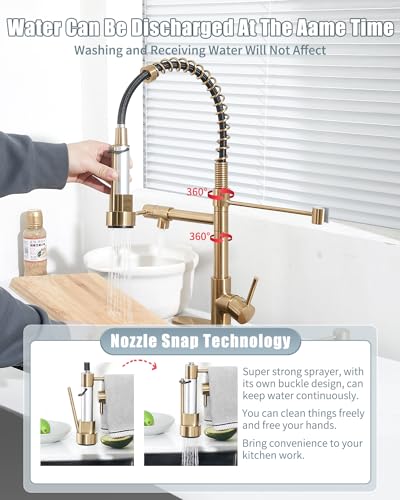 Kitchen Faucet with Soap Dispenser, Brushed Gold Kitchen Faucet, Kitchen Faucets with Pull Down Sprayer and Deck Plate, Stainless Steel Spring Camper Laundry RV Faucets for Kitchen Sinks - color: C.Brushed Gold, style: 1.Faucet+Soap Dispenser+Hole Cover