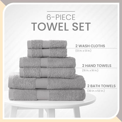 Martex 6-Piece 100% Ringspun Cotton Towel Set, Silver | Quick Dry, Super Absorbent & Soft, Lightweight, 2 Bath, 2 Hand, 2 Wash Cloths - color: Silver