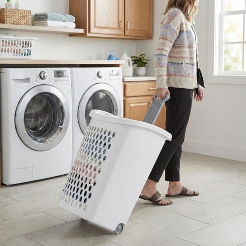 Wheeled Plastic Laundry Hamper,Ultra Wheeled Design Clothes Laundry Basket,Extra Large 135L Pull Handle & Side Grips Plastic Ventilated Clothes Basket for Home, Dorm, or Apartment