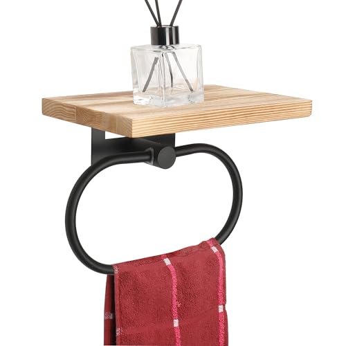 TocTen Hand Towel Holder for Bathroom Wall Mount Towel Ring with Wooden Shelf, Premium Metal Hand Towel Rack, Bathroom Accessories Rustic Hand Towel Hanger for Bathroom Kitchen RV(Matte Black) - color: Matte Black, size: 7.88 Inch with Shelf