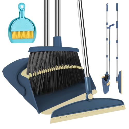 Broom and Dustpan Combo Set, 51" Long Handle with Squeegee & Mini Set | Blue Complete Cleaning Kit, Floor Squeegee for Wet & Dry Messes, Built-in Comb Dustpan, Mini Broom Set，for Home & Pet Areas - color: Blue
