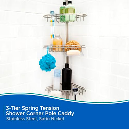 Kenney KN61520 Adjustable Height (5'-9') Spring Tension Metal Corner Pole Shower Caddy with 3 Adjustable Rust-Proof Basket Shelves, Towel Bars, and Razor Holders for Bathroom Shower, Satin Nickel