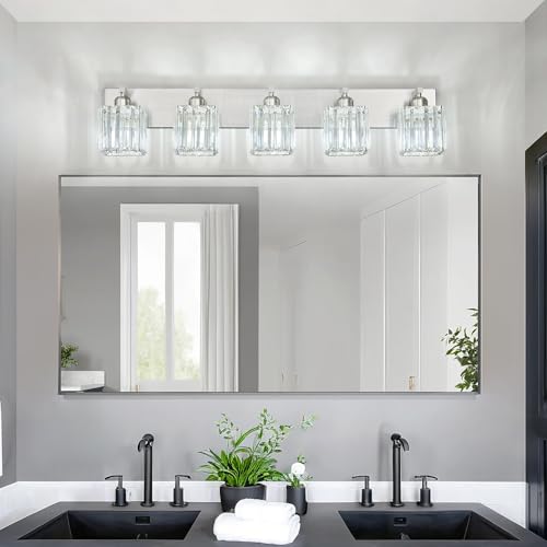 Modern Vanity Light 5-Lights Brushed Nickel Vanity Light Crystal Bathroom Wall Light Bathroom Light Fixtures - color: Nickel Straight, size: 5-light