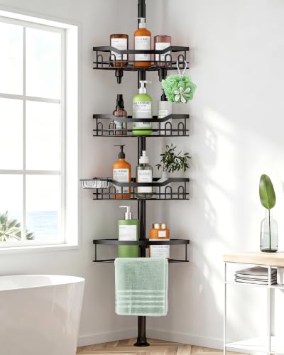 Corner Shower Caddy Tension Pole 4 Tier Stainless Steel Bathroom Organizer Shelves for Inside Shower Bathtub Shampoo Storage,26 to 120 Adjustable Standing Rack with Towel Rack - color: Black