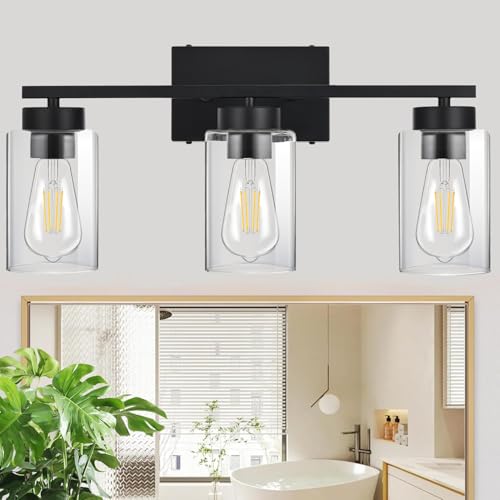 3-Light Bathroom Vanity Light, Modern Black Wall Lights with Clear Glass Shades, Bathroom Wall Sconce Lamp for Mirror Living Room Bedroom Hallway - color: 3 Light Black-Small