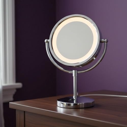 JERDON Lighted Makeup Mirror with 5X Magnification - Chrome - HL745CO | Two-Sided 1X View, 8.5" Diameter, 15.5" Tall, Halo Lighting - color: Chrome