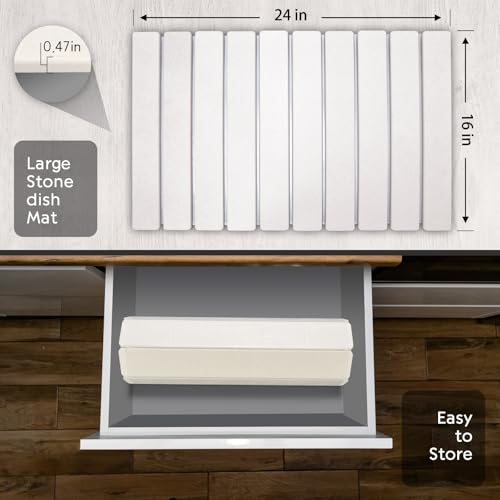 Large Stone Dish Drying Mat for Kitchen Counter, 24"(L)×16"(W) Fast Dry Super Absorbent Collapsible Dish Drying Mats, Eco-Friendly Diatomaceous Earth Mats for Dishes Bottles Cups,Match Any Countertop - size: 24" x 16"