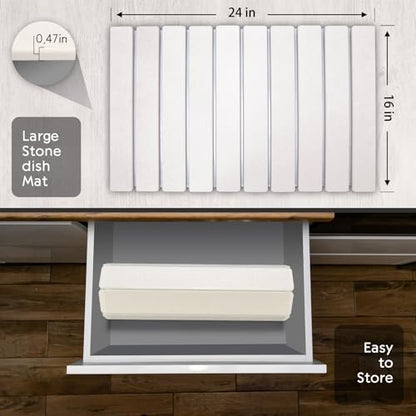 Large Stone Dish Drying Mat for Kitchen Counter, 24"(L)×16"(W) Fast Dry Super Absorbent Collapsible Dish Drying Mats, Eco-Friendly Diatomaceous Earth Mats for Dishes Bottles Cups,Match Any Countertop - size: 24" x 16"