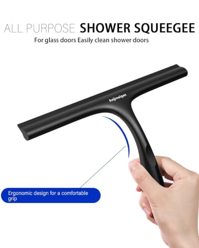 Shower Squeegee for Glass Doors 10 Inch, Black Bathroom Squeegee with Hook | Rust-Proof, Streak Free, All-Purpose Window Squeegee for Shower Glass, Tile Walls, Car, Ergonomic Grip, Silicone Squeegees - color: All Black