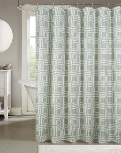 Serafina Home Hotel Quality Fabric Bathroom Shower Curtain: Geometric Square Design - Sage Green and White Milo Sage (72 x 70 inches) - color: Milo Sage