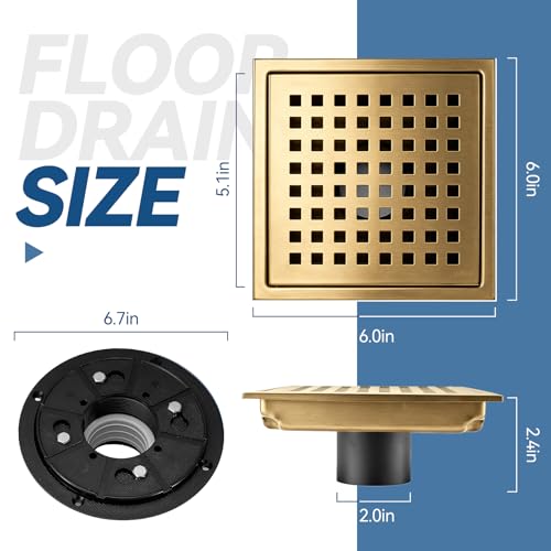 Square Shower Floor Drain, Matte Black Finish, Grid Pattern Strainer Cover (Gold, Grate) - color: Gold