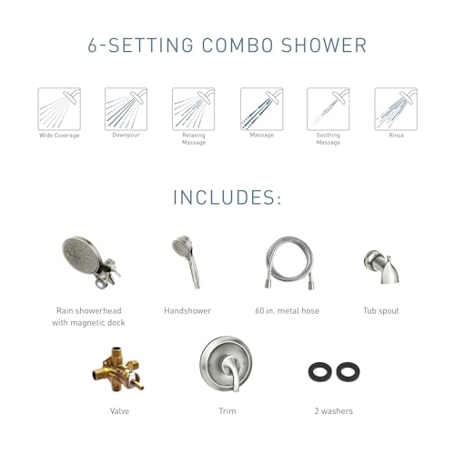 Moen Engage Magnetix Matte Black Multi-Function Handshower and Rainfall Shower Head Trim Combo with Shower Handle, Tub Spout, Metal Hose, and Valve, 82304BL - color: Matte Black
