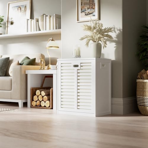 HITNET Tilt Out Laundry Hamper Cabinet, Bathroom Laundry Cabinet with 20 Gallon Clothes Basket, Space Saving Freestanding Bamboo Storage Organizer for Towels and Toys, White - color: White