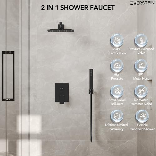 10 Inch High Pressure Rainfall Shower System with Handheld Spray, Wall Mount Bathroom Shower Faucet Set with Valve (Matte Black) - color: Matte Black