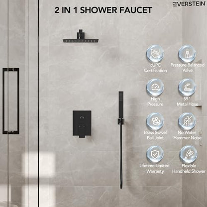 10 Inch High Pressure Rainfall Shower System with Handheld Spray, Wall Mount Bathroom Shower Faucet Set with Valve (Matte Black) - color: Matte Black