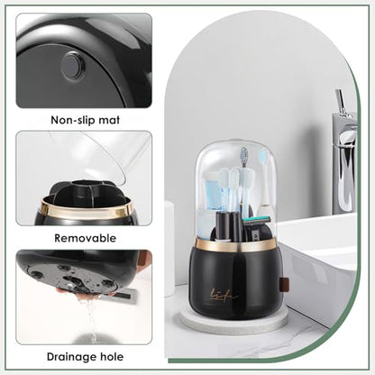 Toothbrush Holders, Toothbrush Holders for Bathrooms, Makeup Brush Holder | Toothbrush and Toothpaste Holder, Rotatable Toothbrush Holder with Transparent Dust Cover, Multi Drainage Vent Holes - color: Black