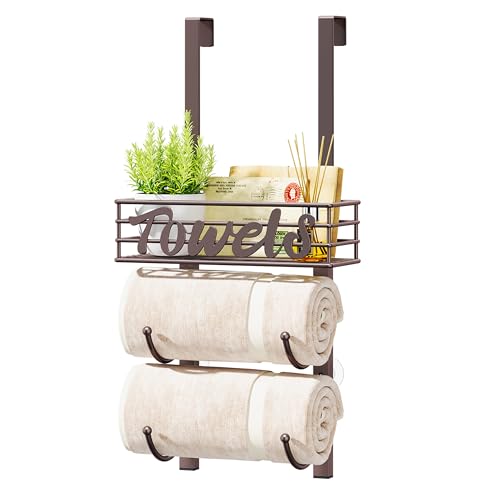 HapiRm Towel Racks for Bathroom Storage - 3 Tier Over The Door & Wall Mount Rolled Towel Storage Organizer Holder with Metal Shelf Basket for Small Bathroom, Camper, Rv - Bronze, Patented - color: Bronze, size: 3-Tier