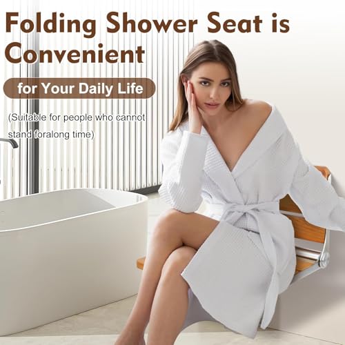 18” Teak Folding Shower Seat Wall Mounted, 400 lbs Heavy Duty Fold Down Shower Bench, Space Saving Bathroom Shower Chair with Stainless Steel Frame, Non-Slip Spa Seat for Elderly & Small Spaces - color: Yellow, size: 18 inchs