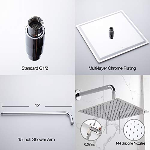 Square Rain Shower Head, High Pressure Rainfall Showerhead, Large Fixed Stainless Steel Polished Chrome Shower Rain, 12 Inch Rainhead and 15 Inch Extension Arm